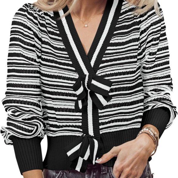 Sweaters - Womens Cropped Sweater Ribbed Knit V Neck Puff Sleeve Bow Tie Trendy Pullover